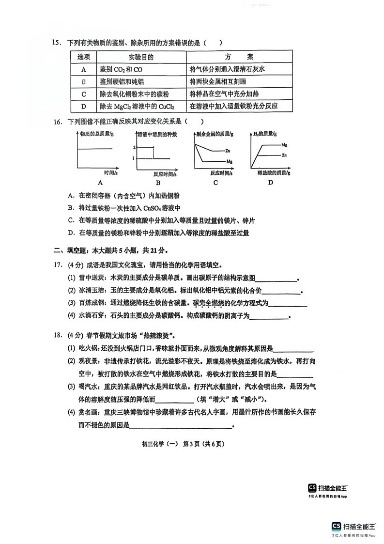 重庆市西南大学附属中学2024-2025学年九年级上学期期末考试化学试题第3页