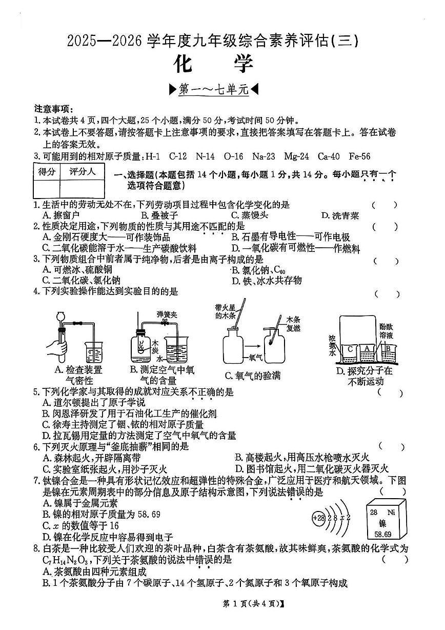 河南省洛阳市汝阳县2025-2026学年九年级上学期十二月份综合素养评估三化学试卷第1页