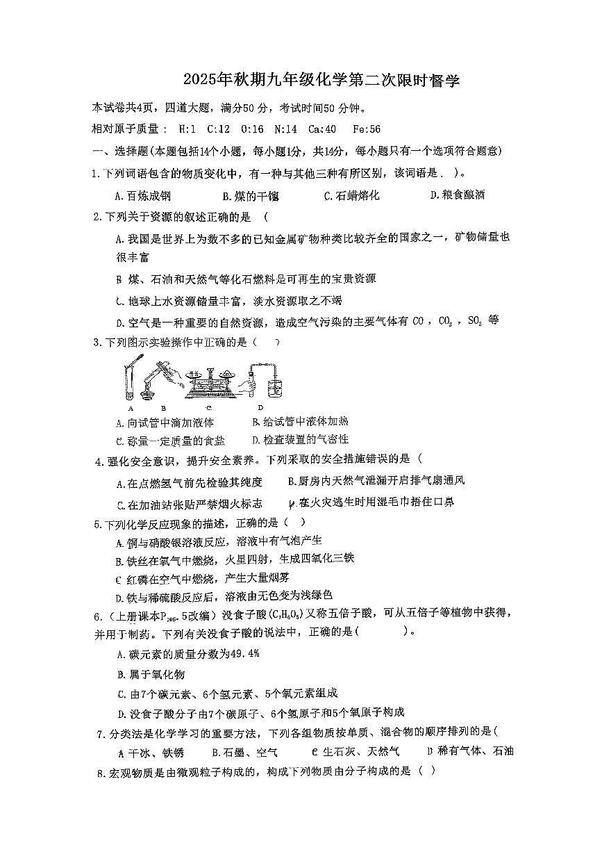 2025年秋期九年级化学第二次限时督学(1)第1页