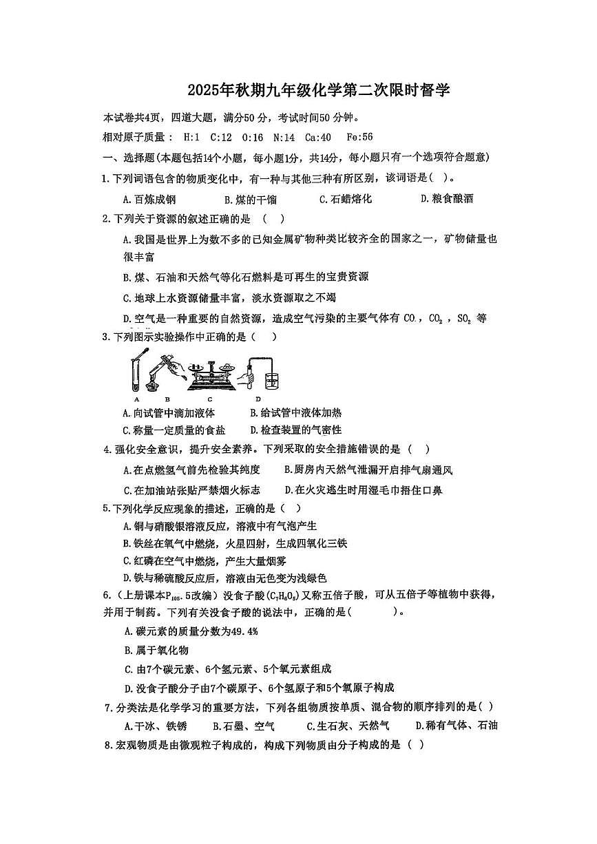 河南省南阳市第十三中学校2025-2026学年九年级上学期12月月考化学试题第1页