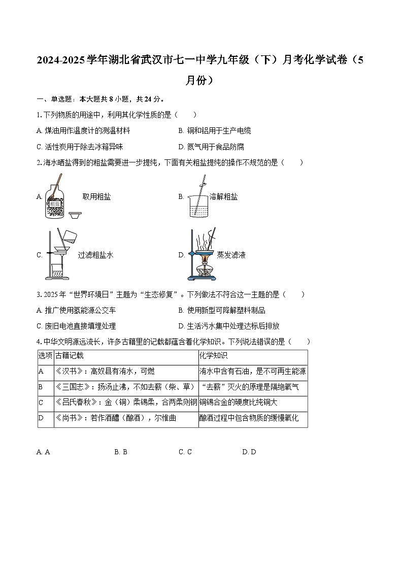 2024-2025学年湖北省武汉市七一中学九年级（下）月考化学试卷（5月份）-自定义类型第1页