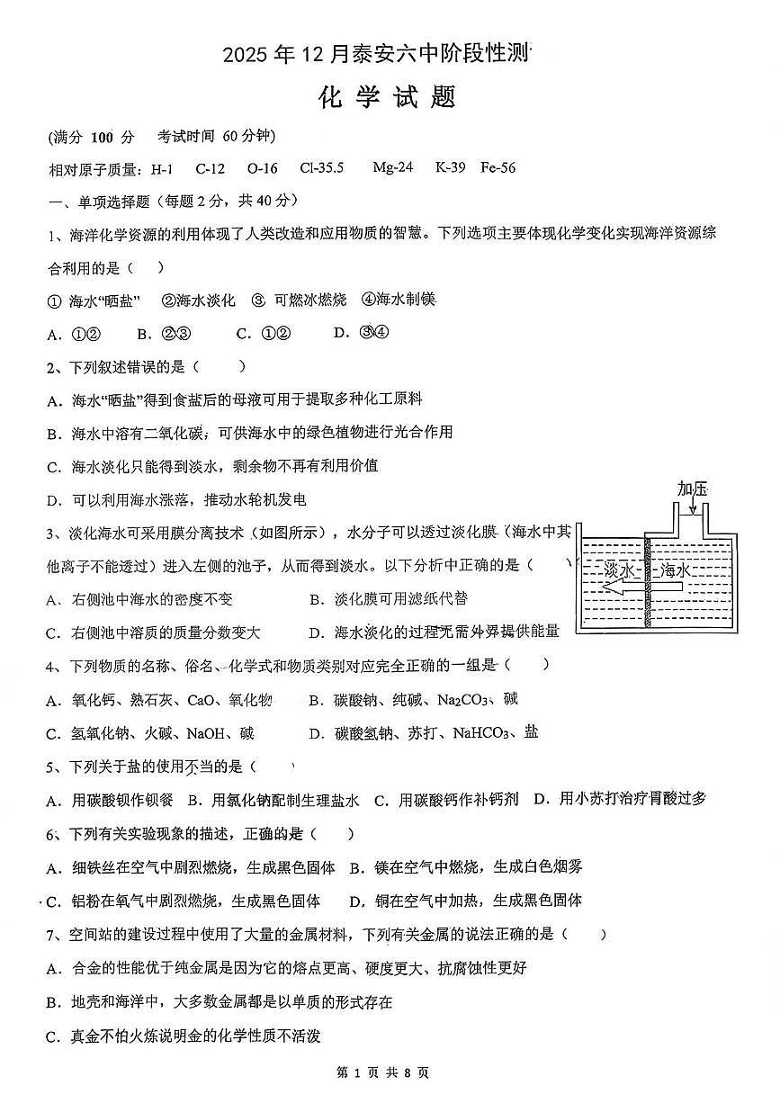 山东省泰安市泰安六中2025-2026学年九年级上学期12月月考化学试题第1页