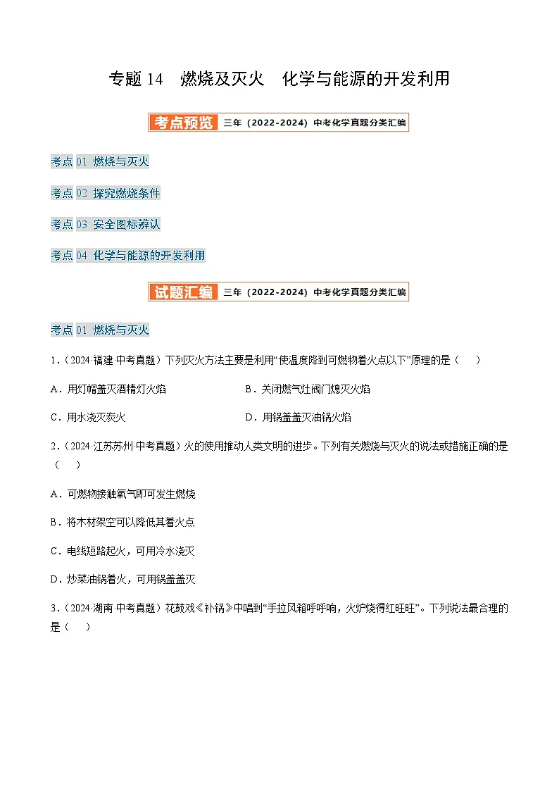 中考化学真题分类汇编——燃烧及灭火 化学与能源的开发利用（含答案）第1页