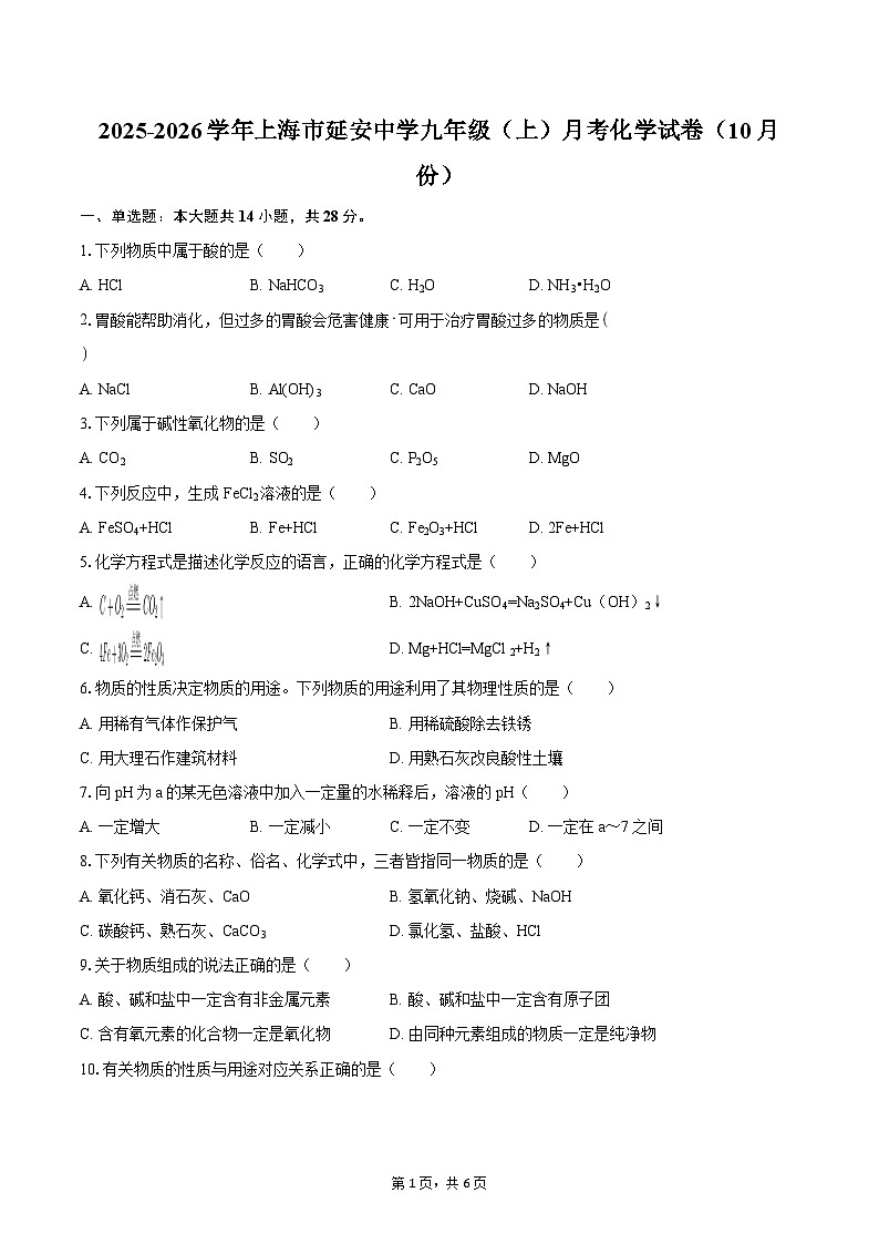 2025-2026学年上海市延安中学九年级（上）月考化学试卷（10月份）-自定义类型第1页