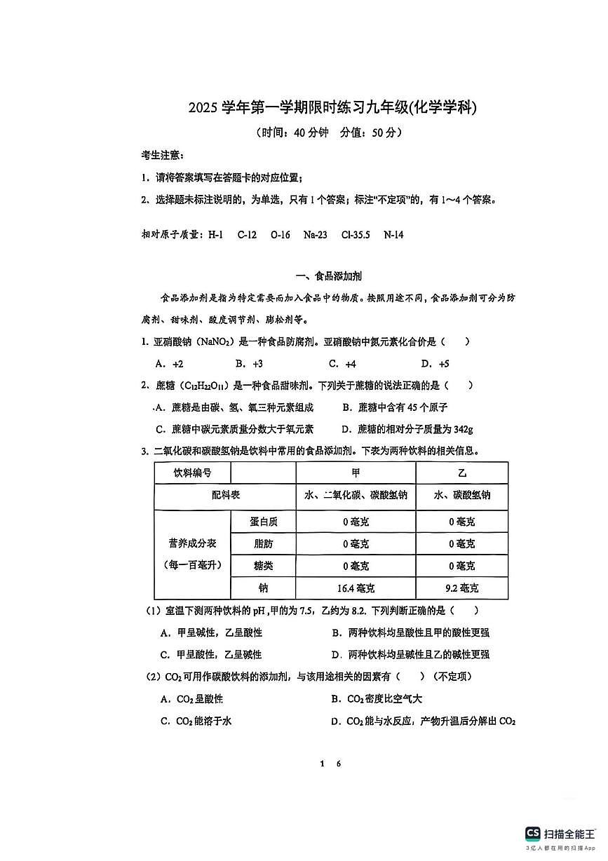上海市闵行区莘松中学2025-2026学年九年级上学期12月月考化学试卷第1页
