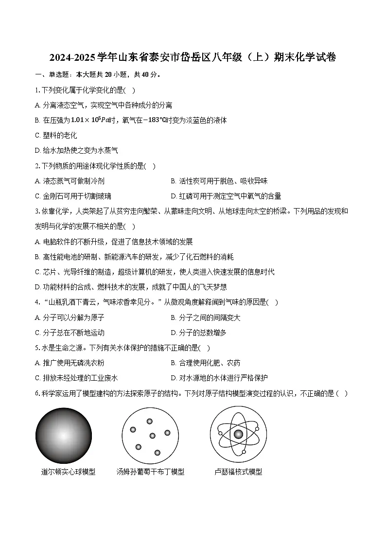 2024-2025学年山东省泰安市岱岳区八年级（上）期末化学试卷（含答案）第1页