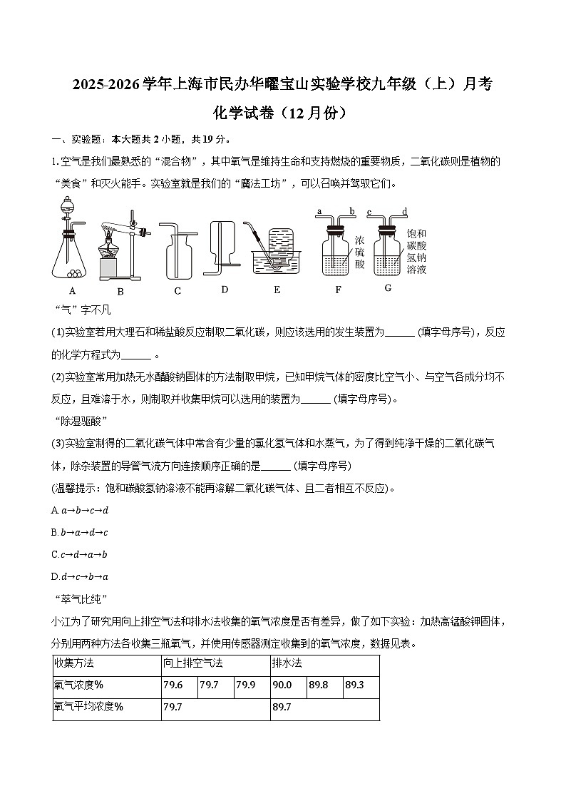 2025-2026学年上海市民办华曜宝山实验学校九年级（上）月考化学试卷（12月份）（含答案）第1页