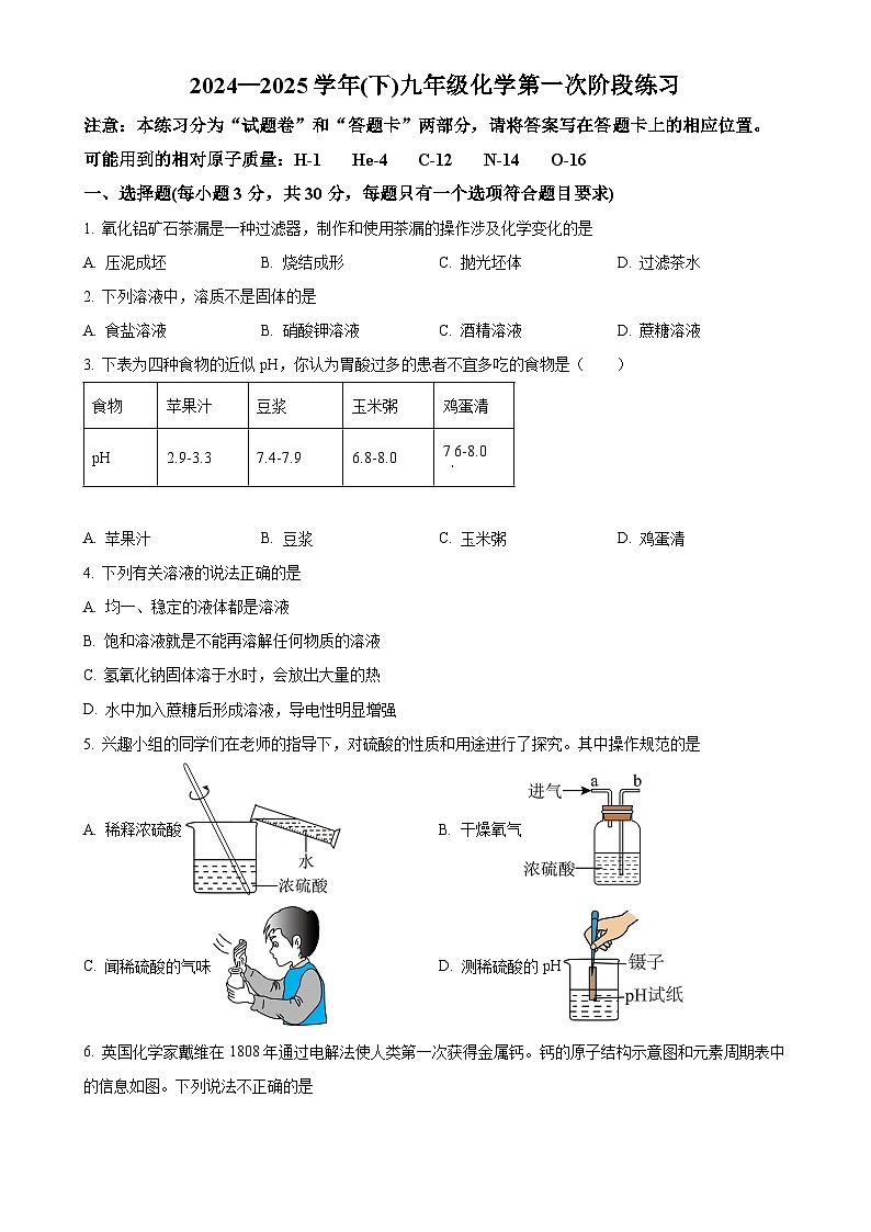 福建省龙岩市第二中学九年级下学期第一次月考化学试题-A4第1页