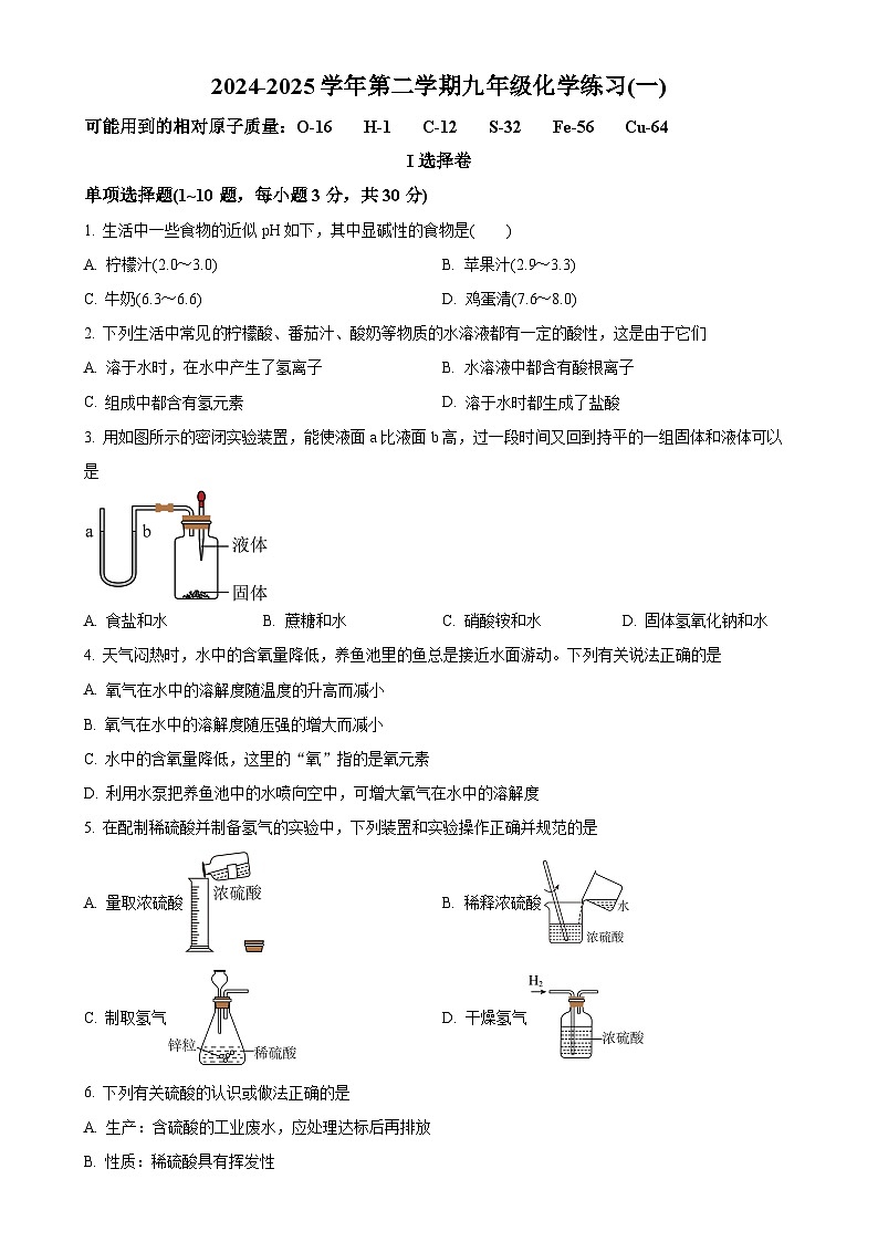福建省龙岩初级中学九年级下学期第一次月考化学试题-A4第1页