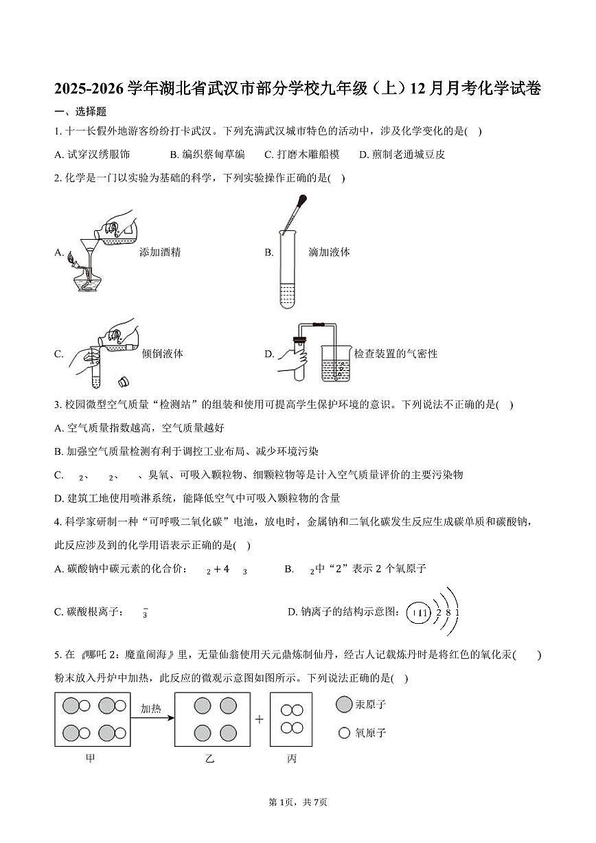 2025-2026学年湖北省武汉市部分学校九年级（上）月考化学试卷（12月份）（含答案）第1页