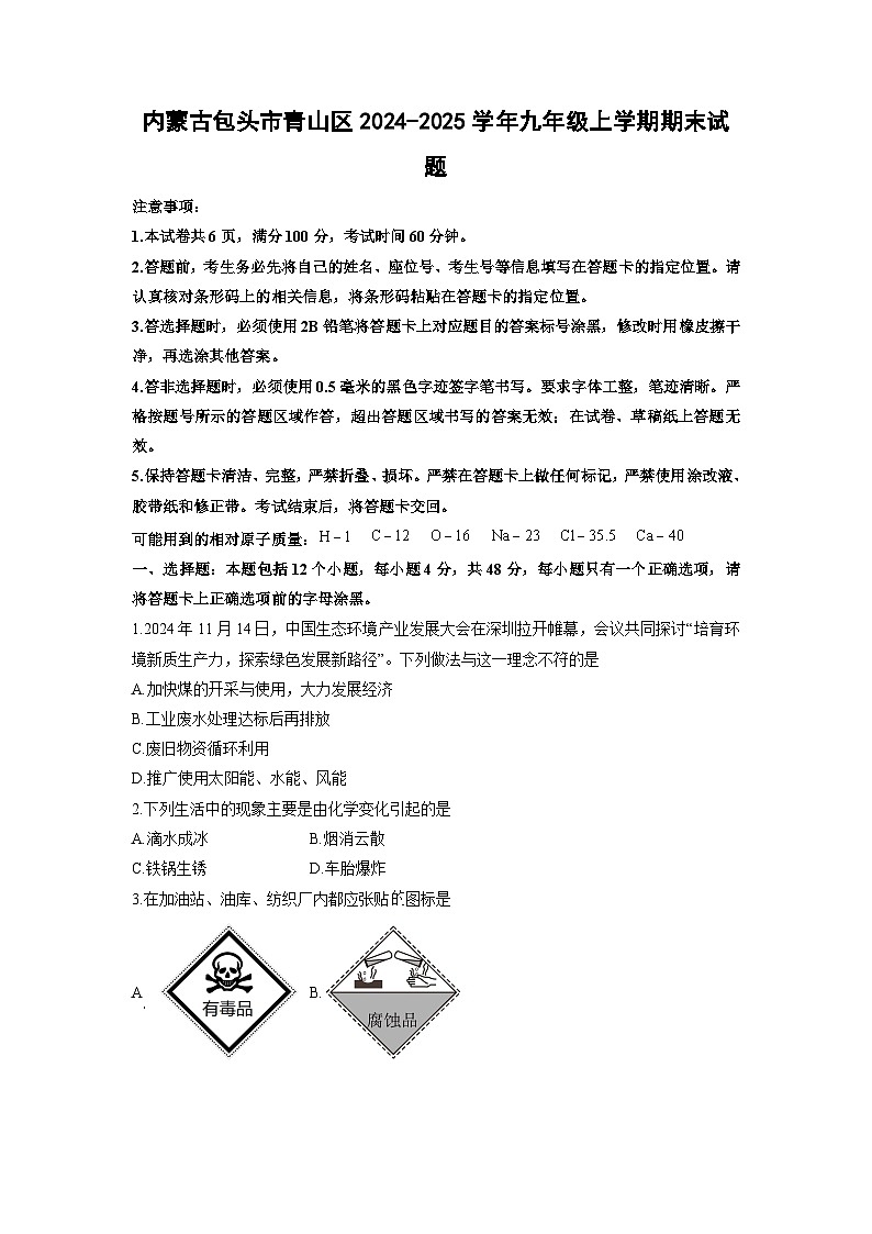 2024-2025学年内蒙古包头市青山区九年级上学期期末化学试卷（学生版）第1页