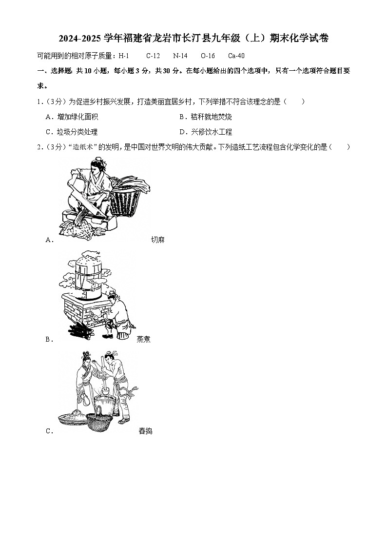 福建省龙岩市长汀县2024--2025学年九年级上学期期末考试化学试卷-A4第1页