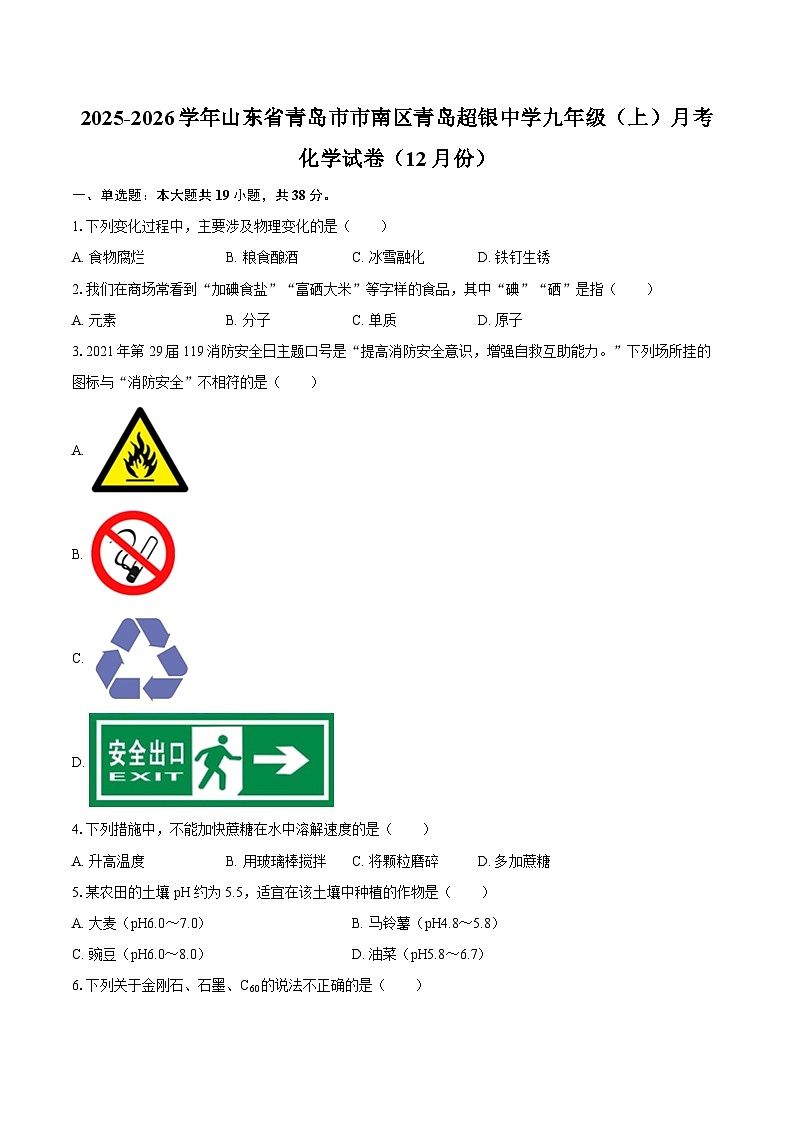 2025-2026学年山东省青岛市市南区青岛超银中学九年级（上）月考化学试卷（12月份）-自定义类型第1页
