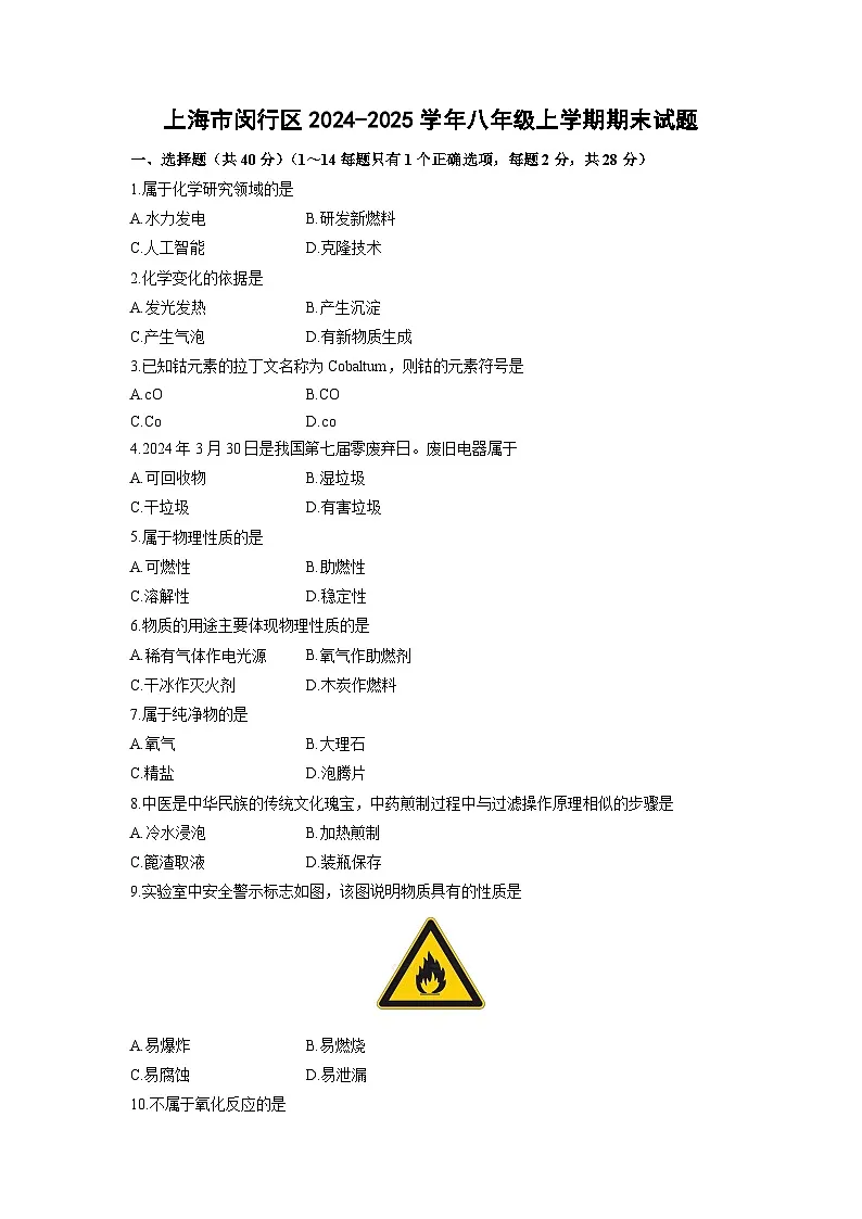上海市闵行区2024-2025学年八年级上学期期末化学试卷（学生版）第1页