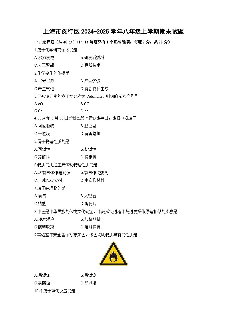 上海市闵行区2024-2025学年八年级上学期期末化学试卷（学生版）第1页