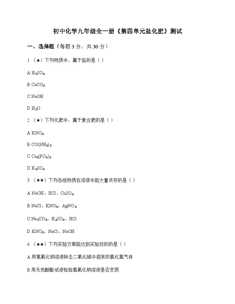 初中化学九年级全一册第四单元 盐 化肥 测试及深度解析第1页