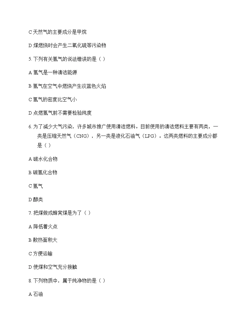 初中化学九年级上册第五章 燃 料 单元卷及答案第2页