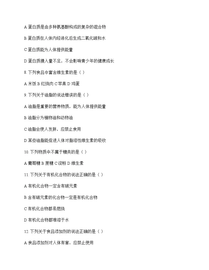 初中化学九年级下册第8章 食品中的有机化合物 测试卷及分析第2页