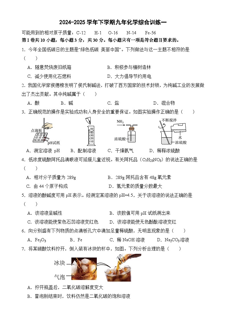 福建省莆田市第十五中学九年级下学期第一次月考化学试题-A4第1页
