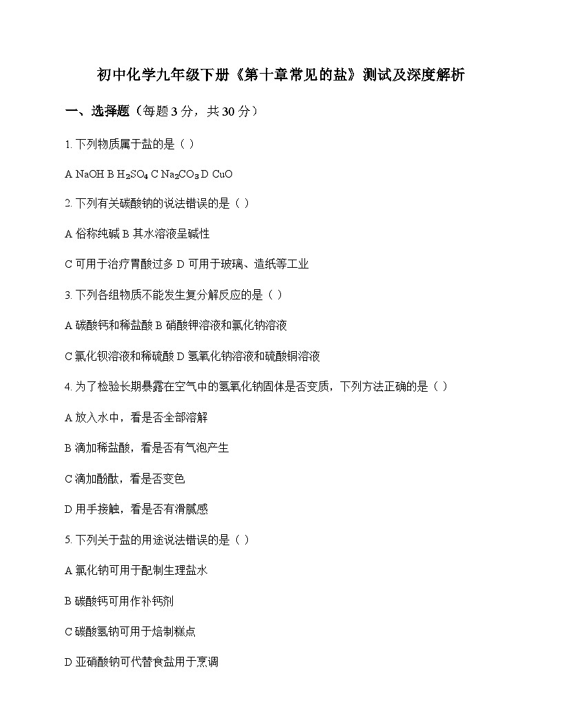 初中化学九年级下册第十章 常见的盐 测试及深度解析第1页