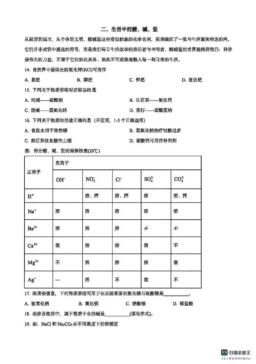 上海市位育中学2025-2026学年九年级上学期12月月考化学试卷第3页