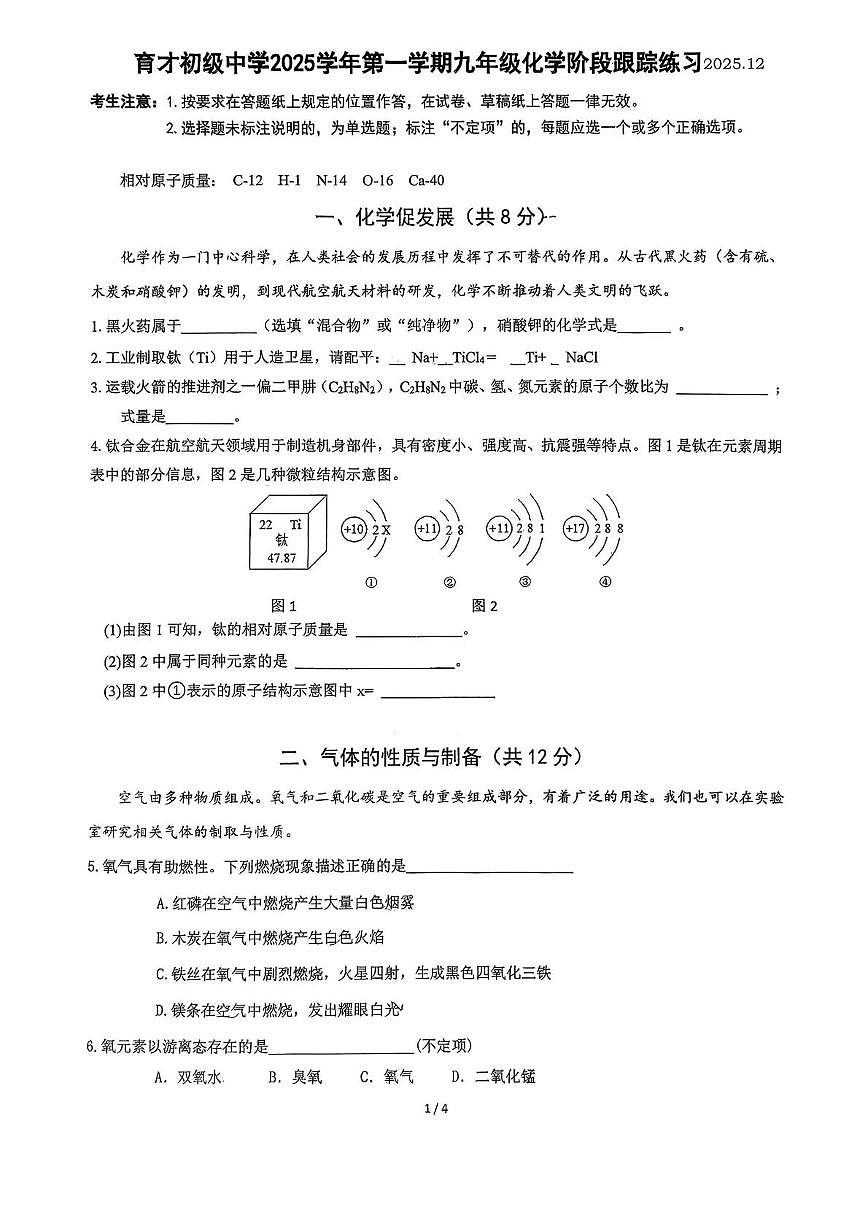 上海市育才初级中学2025-2026学年九年级上学期12月月考化学试卷第1页