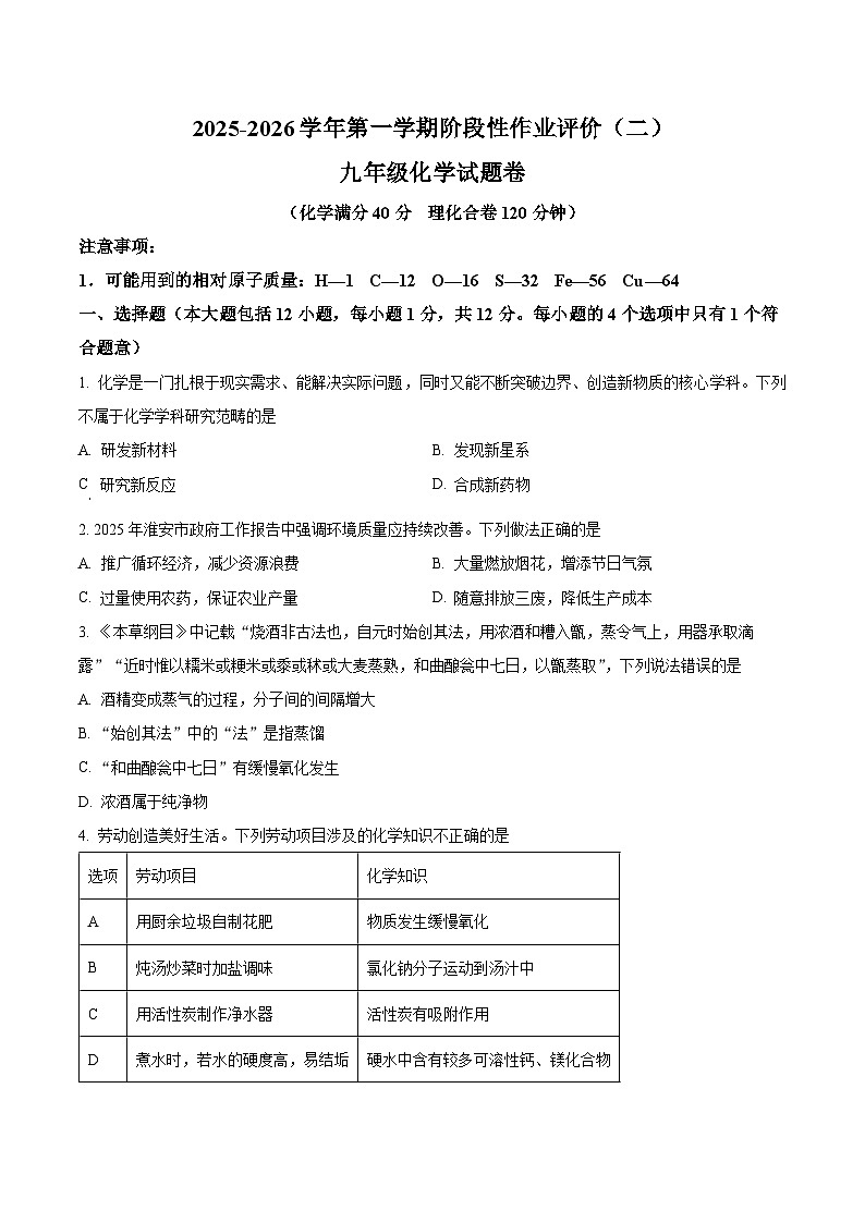 安徽省合肥市第四十六中学2025-2026学年九年级上学期12月月考化学试卷第1页
