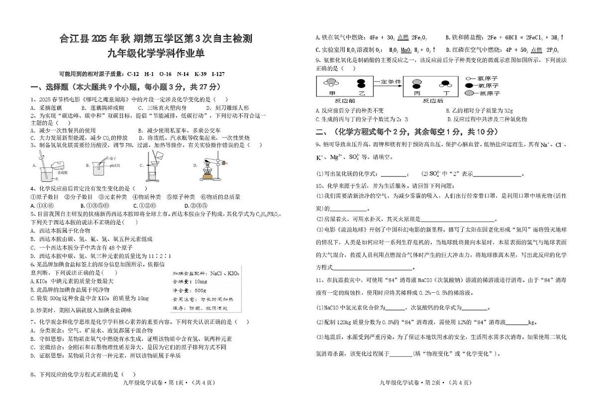 四川省泸州市合江县第五片区2025-2026学年九年级上学期第三次联合检测化学试卷（月考）第1页