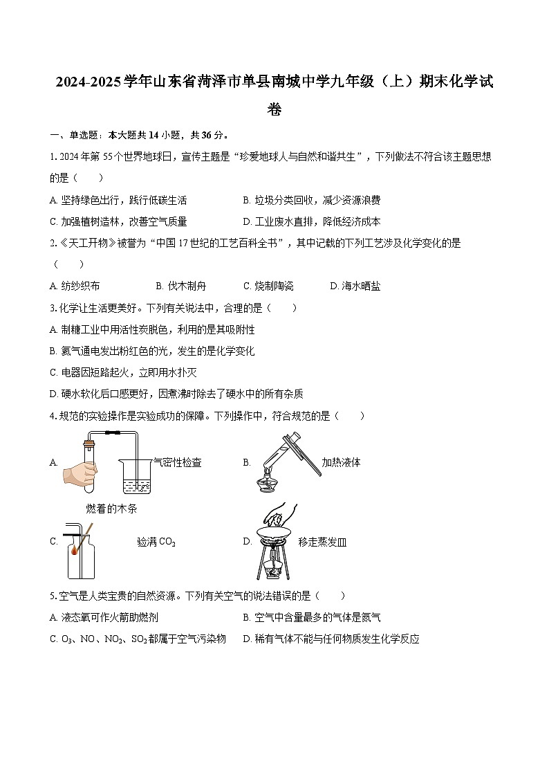 2024-2025学年山东省菏泽市单县南城中学九年级（上）期末化学试卷-自定义类型第1页