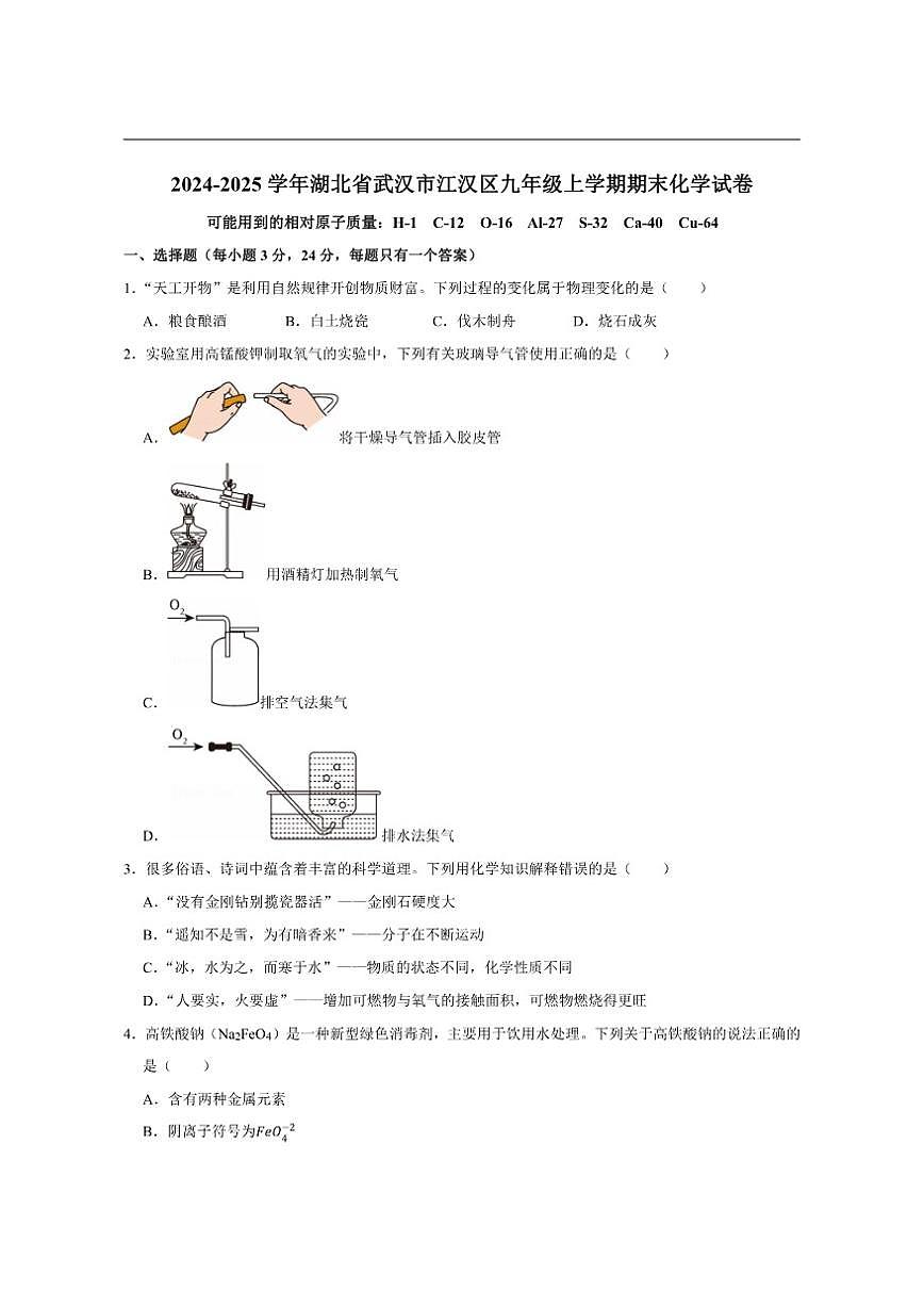 2024-2025学年湖北省武汉市江汉区九年级上学期期末考试化学试卷(有答案)第1页