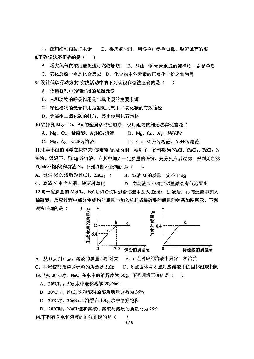 2025-2026学年山东省临沂市第六中学九年级上学期12月月考化学试卷(,有答案）第2页
