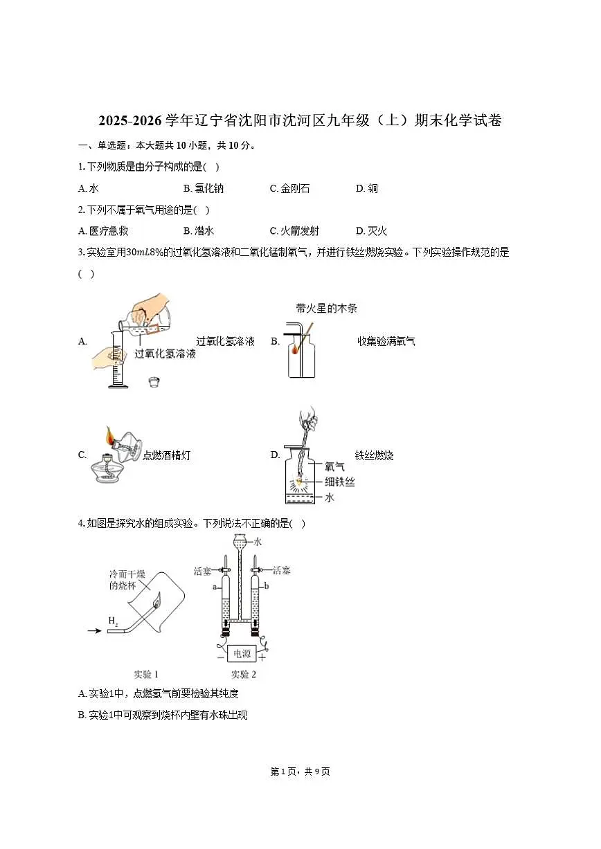 2025-2026学年辽宁省沈阳市沈河区九年级（上）期末化学试卷（有答案）第1页