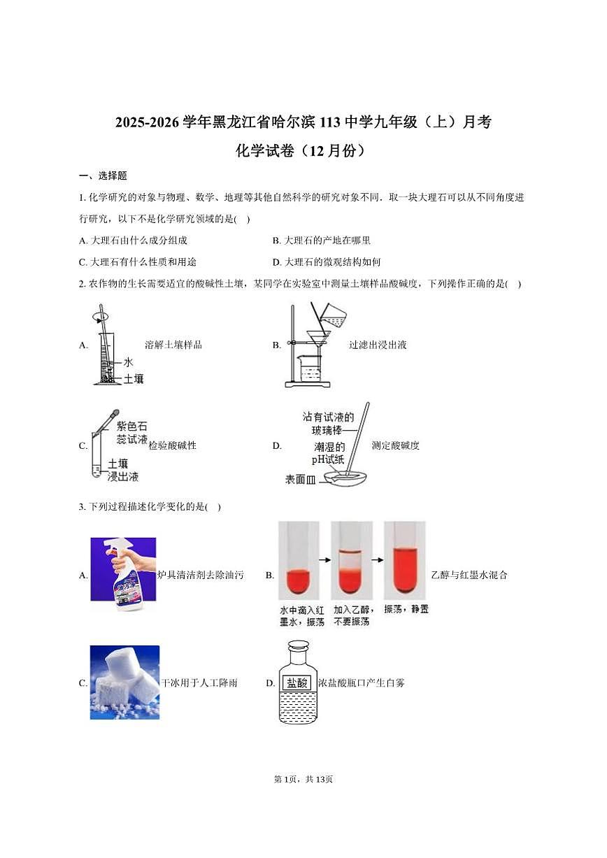 2025-2026学年黑龙江省哈尔滨市113中学九年级（上）月考化学试卷（12月份）（有答案）第1页