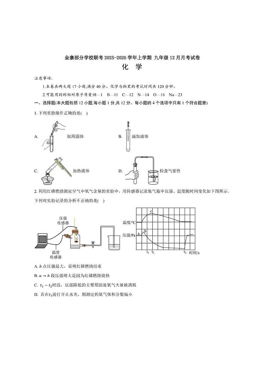 2025-2026学年安徽省六安市金寨县部分校联考九年级上学期12月月考化学试卷（有答案）第1页