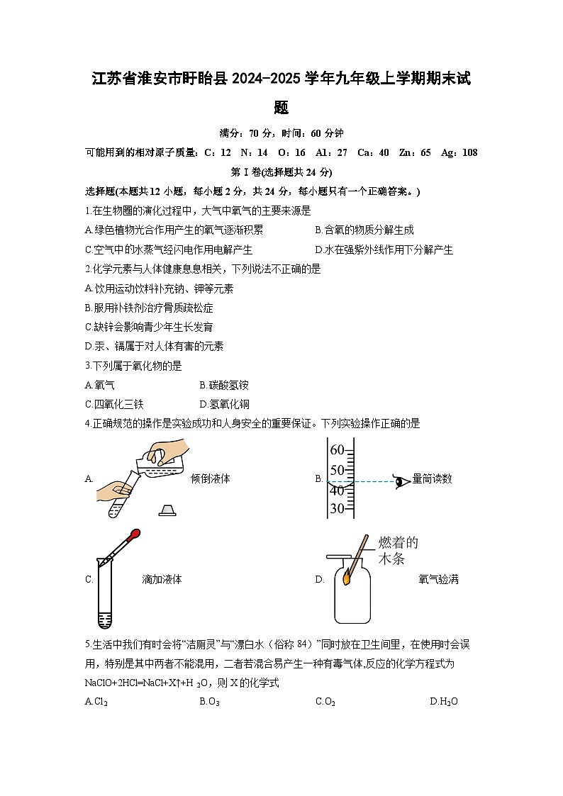 2024-2025学年江苏省淮安市盱眙县九年级上学期期末化学试卷（学生版）第1页