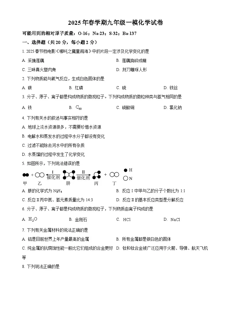 2025年甘肃省武威市凉州区柏树片中考一模化学试题（原卷版）-A4第1页