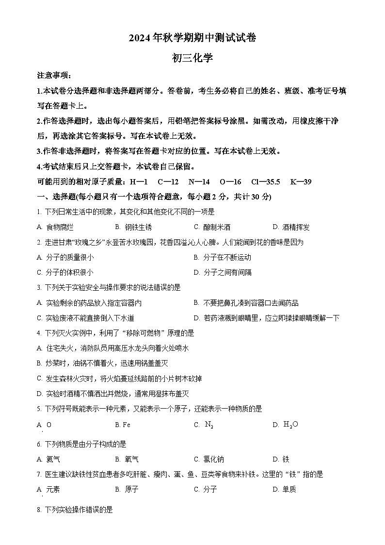 甘肃省张掖市甘州区张掖育才中学九年级上学期11月期中考试化学试题（原卷版）-A4第1页
