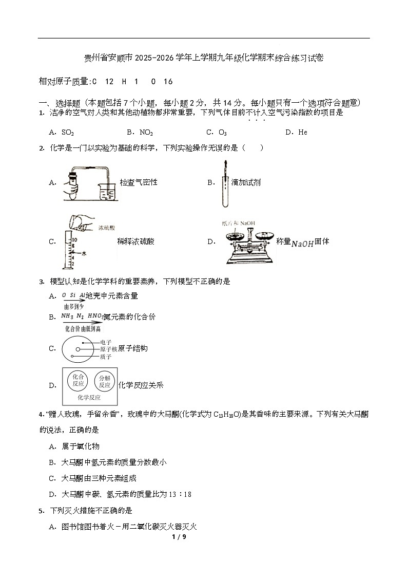 贵州省安顺市2025-2026学年上学期九年级化学期末综合练习试卷第1页