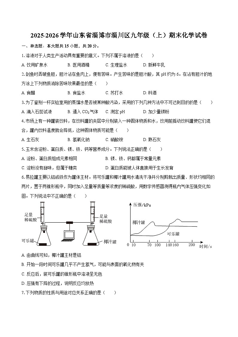 2025-2026学年山东省淄博市淄川区九年级（上）期末化学试卷-自定义类型第1页