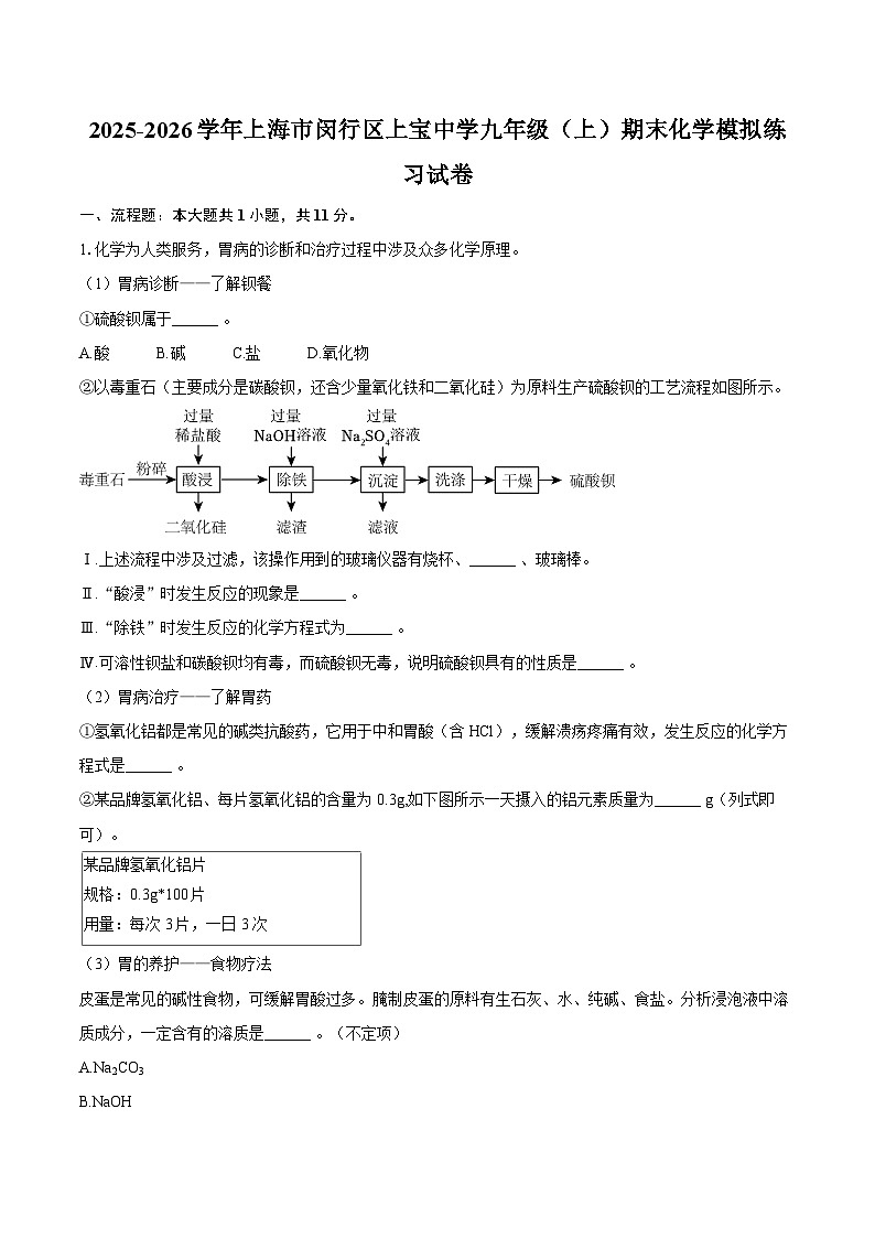 2025-2026学年上海市闵行区上宝中学九年级（上）期末化学模拟练习试卷-自定义类型第1页