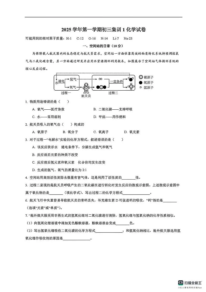上海市延安初级中学2025-2026学年九年级上学期期末集训化学试卷第1页