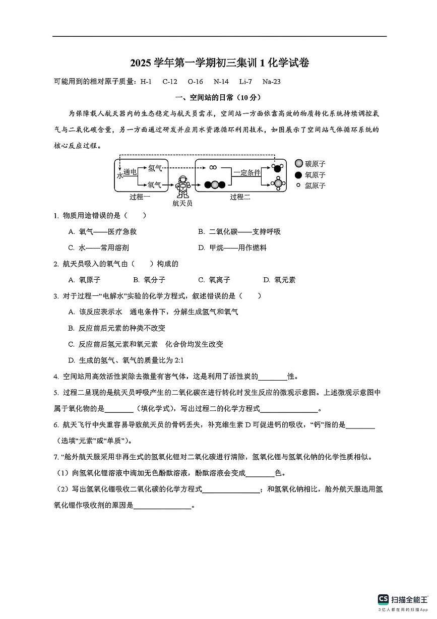 上海市延安初级中学2025-2026学年九年级上学期期末集训化学试卷第1页