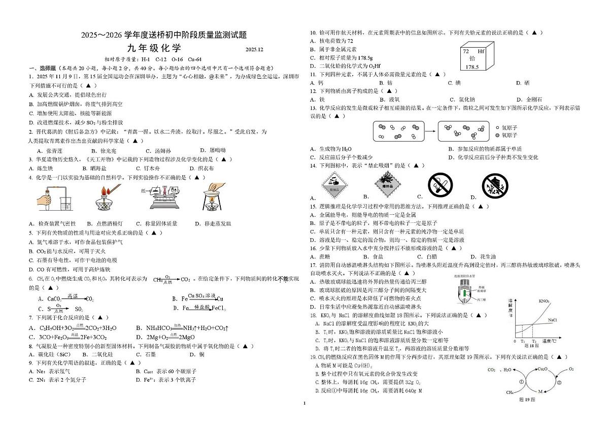 江苏省高邮市高新区实验学校2025-2026学年九年级上学期12月月考化学试卷第1页