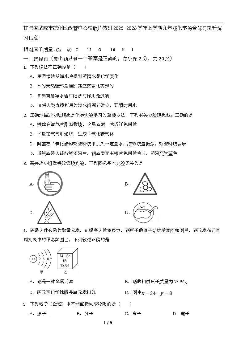 甘肃省武威市凉州区西营中心校联片教研2025-2026学年九年级上学期化学综合练习试卷（月考）第1页