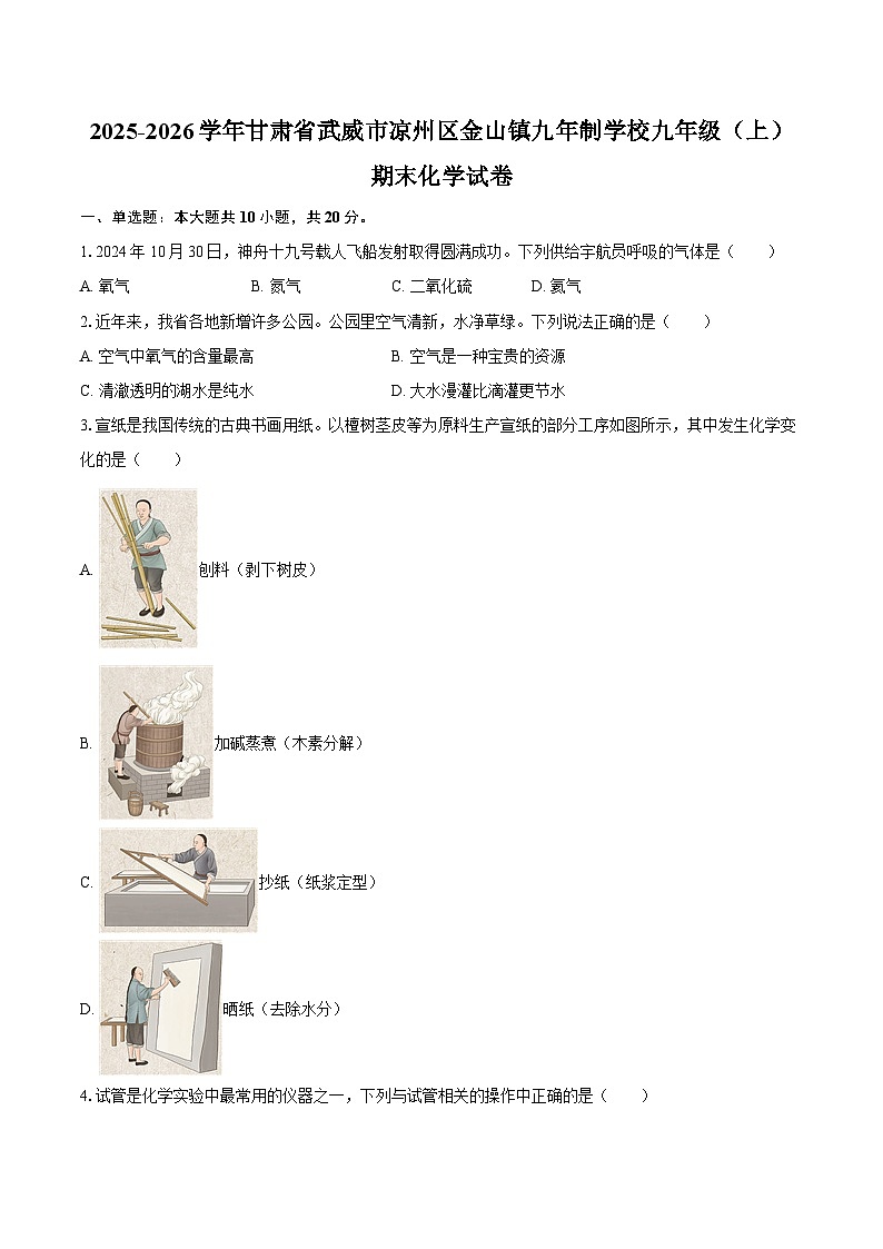 2025-2026学年甘肃省武威市凉州区金山镇九年制学校九年级（上）期末化学试卷-自定义类型第1页