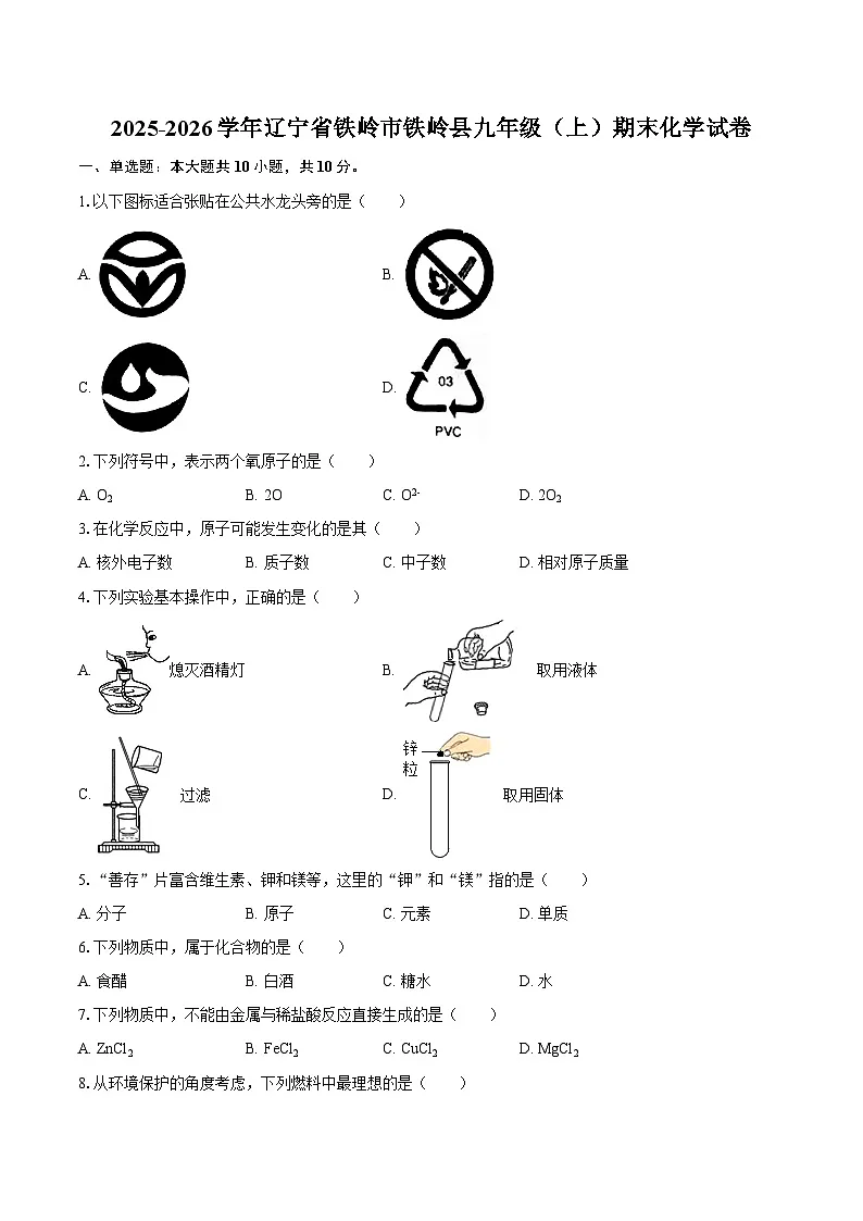 2025-2026学年辽宁省铁岭市铁岭县九年级（上）期末化学试卷-自定义类型第1页