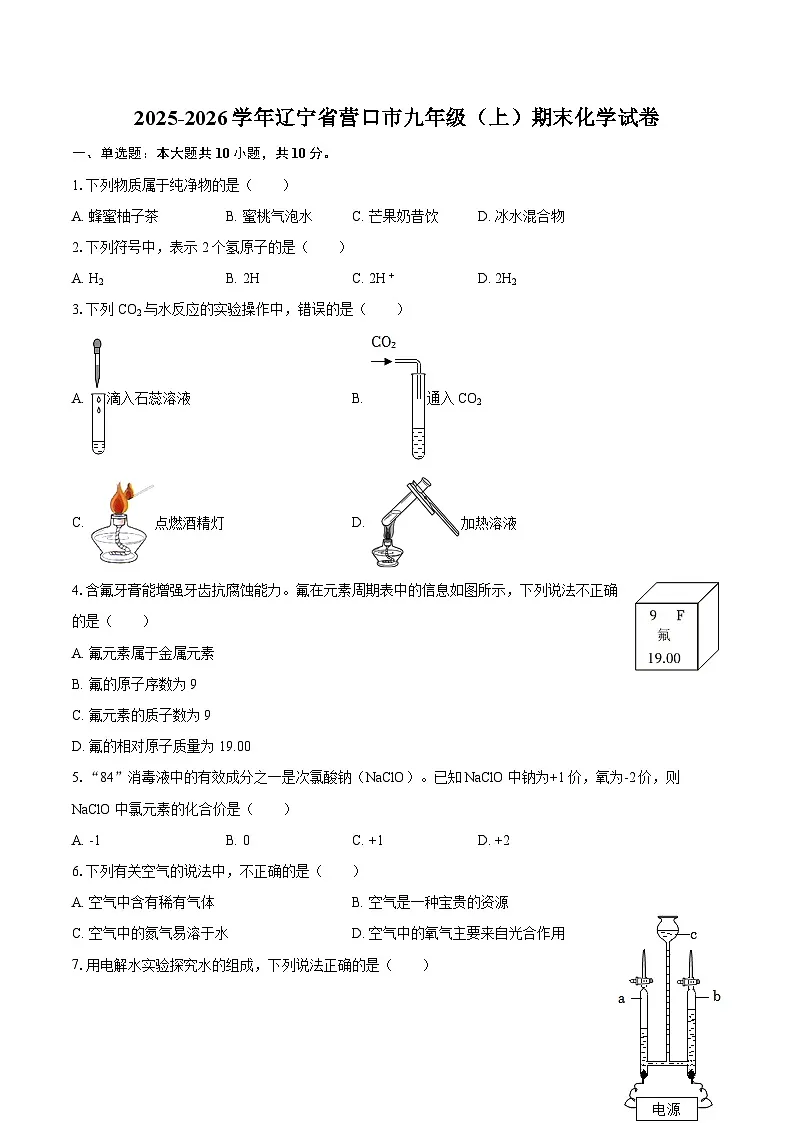 2025-2026学年辽宁省营口市九年级（上）期末化学试卷-自定义类型第1页