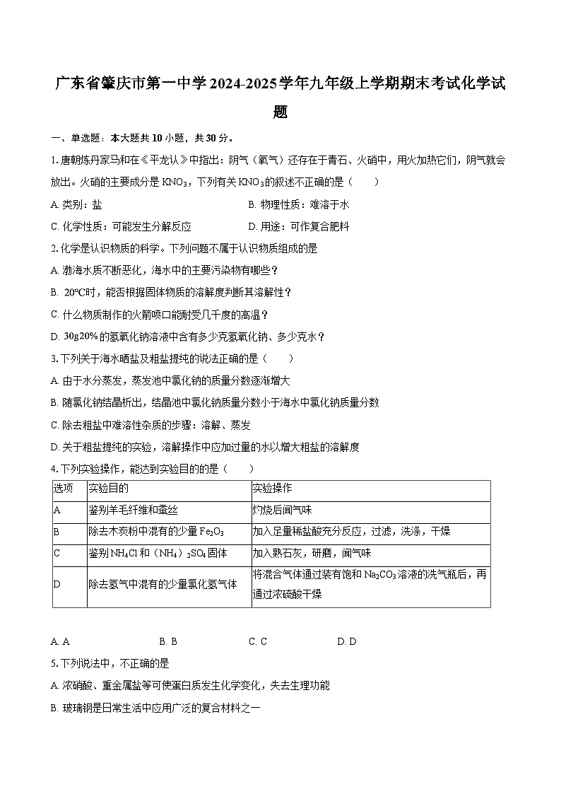 广东省肇庆市第一中学2024-2025学年九年级上学期期末考试化学试题-自定义类型第1页