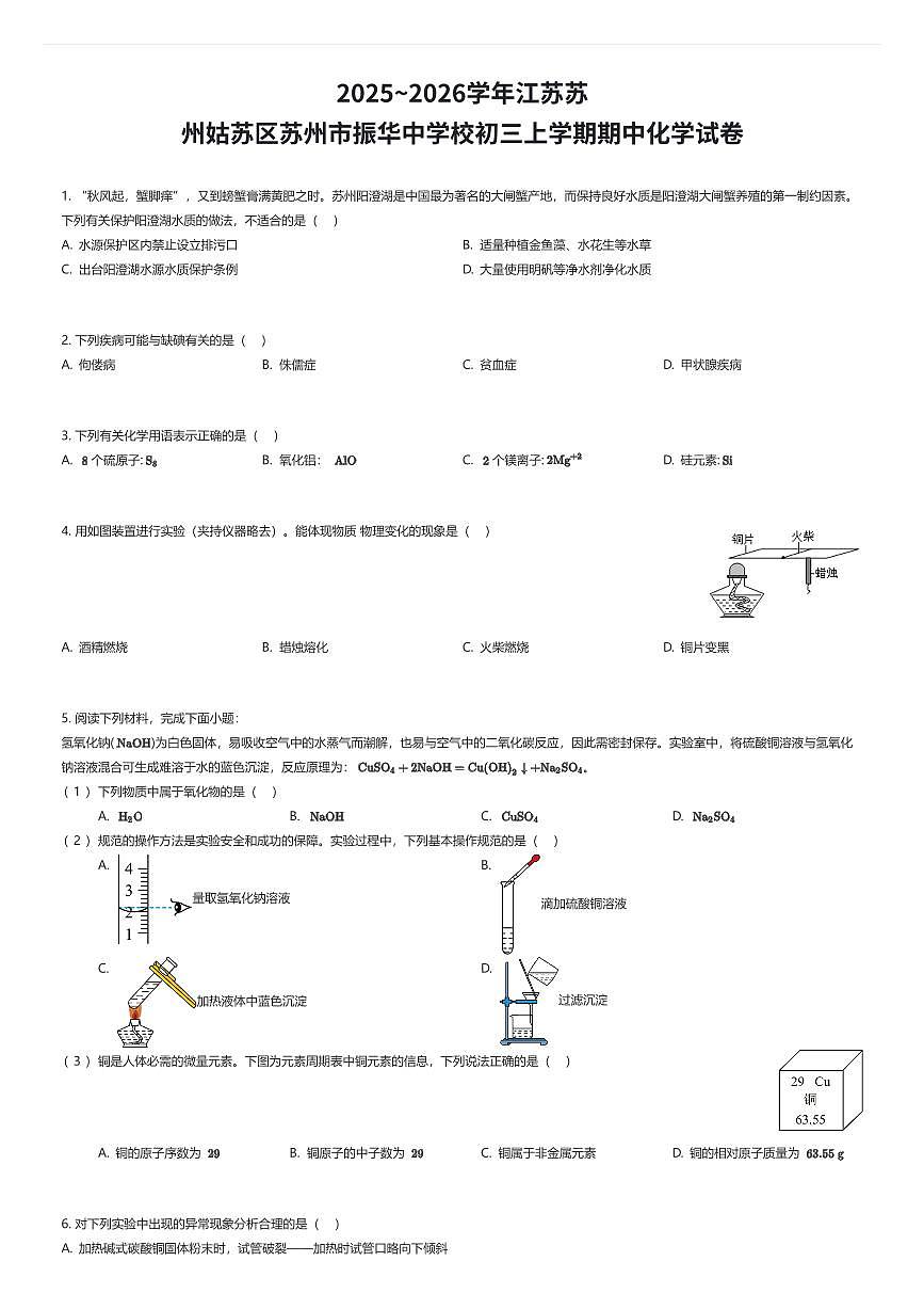 2025~2026学年江苏苏州姑苏区苏州市振华中学校初三上学期期中化学试卷（有答案解析）第1页