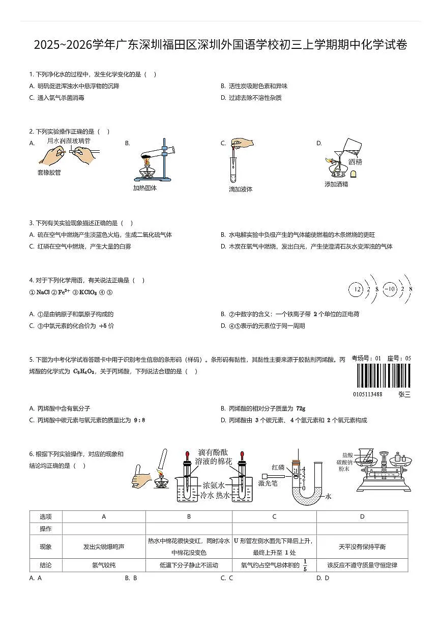 2025~2026学年广东深圳福田区深圳外国语学校初三上学期期中化学试卷（有答案解析）第1页